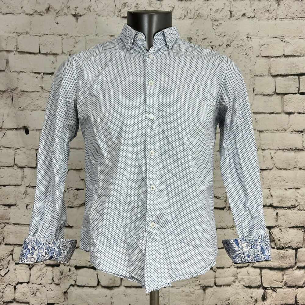 Cacuts Man Men's Button Up Shirt Flip Cuff Slim Fit Blue White Paisley Medium